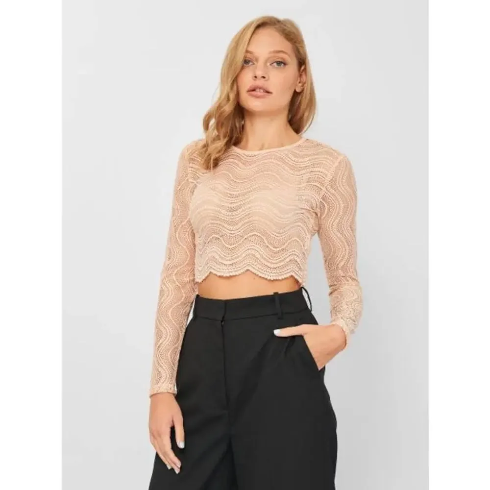 NEW Zara Beige Wavy Lace Scallop Hem Sheer Knit Long Sleeve Crop Top Small Y2K